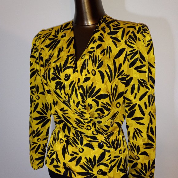 Yellow printed blouse-jacket, vintage from early1980s, made in Canada - Picture 8 of 10